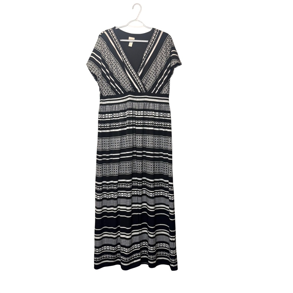 Chico's Maxi Dress Women Size 3 XL Black White Excellent Geometric Surplice Neck